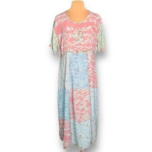 Vintage 90s Maxi Dress Blue Pattern Baby Pink Floral Patchwork Short Sleeve NWT